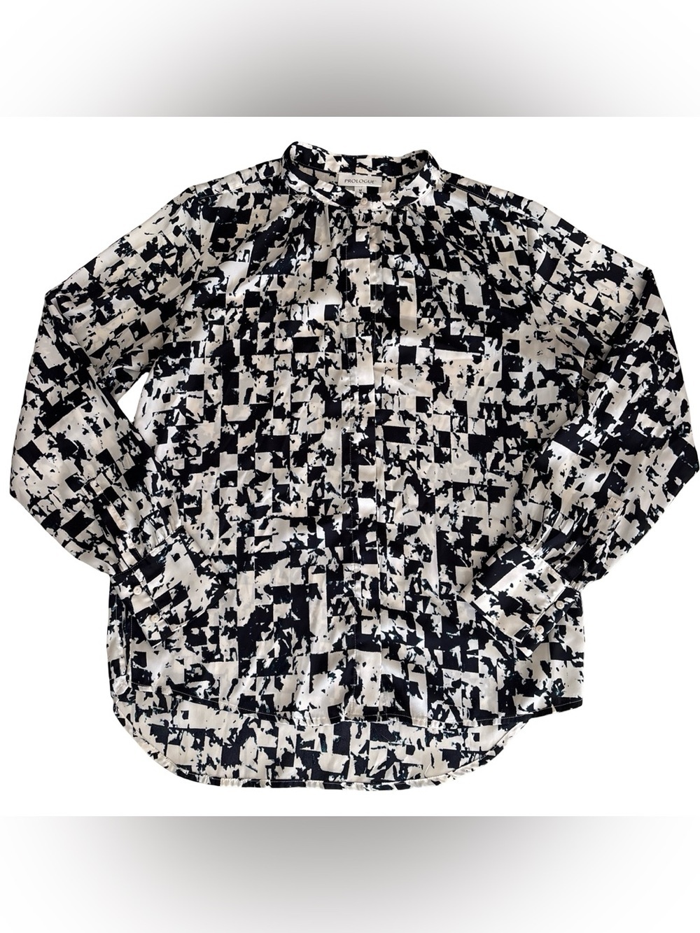 Prologue Black Ivory Teal Abstract Geometric Long Sleeve Blouse Medium Career